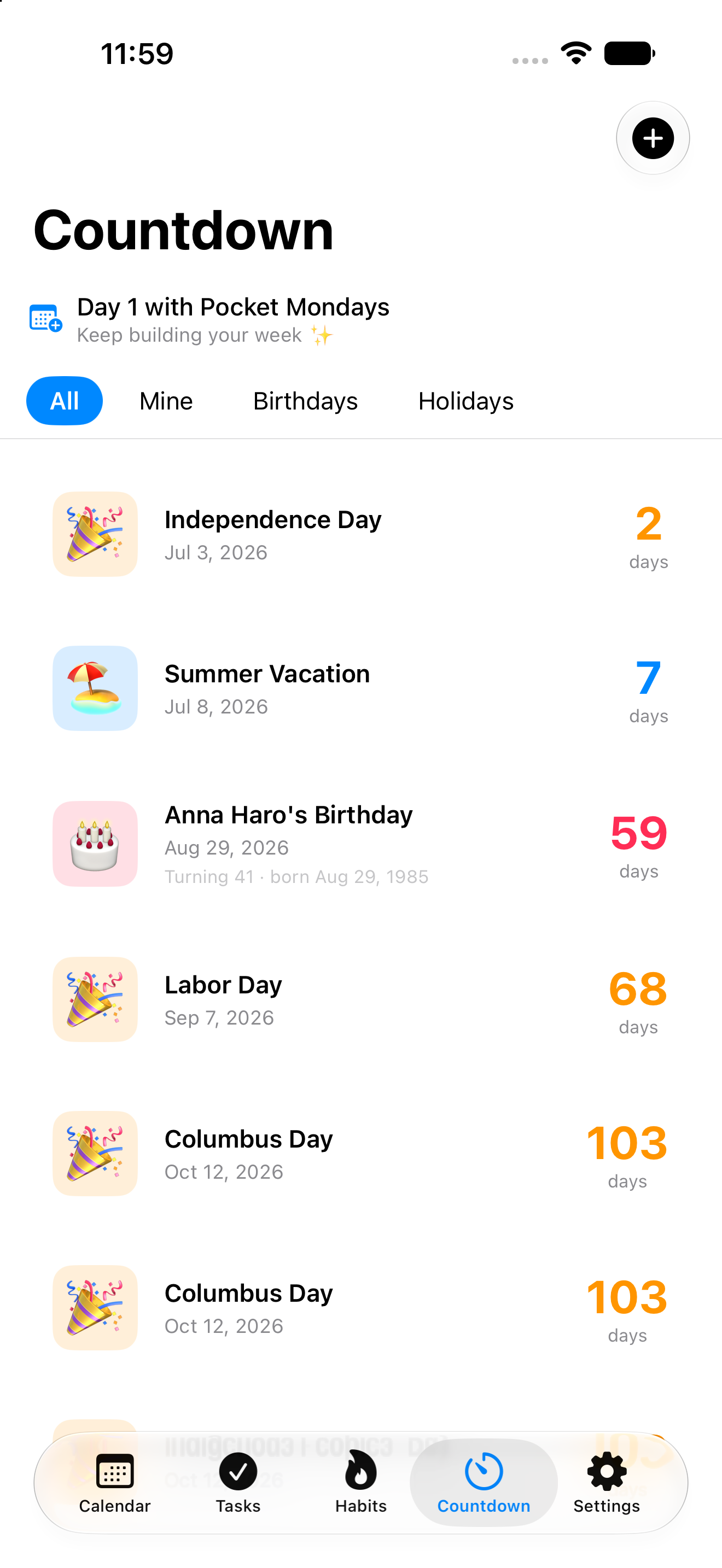 Countdown list