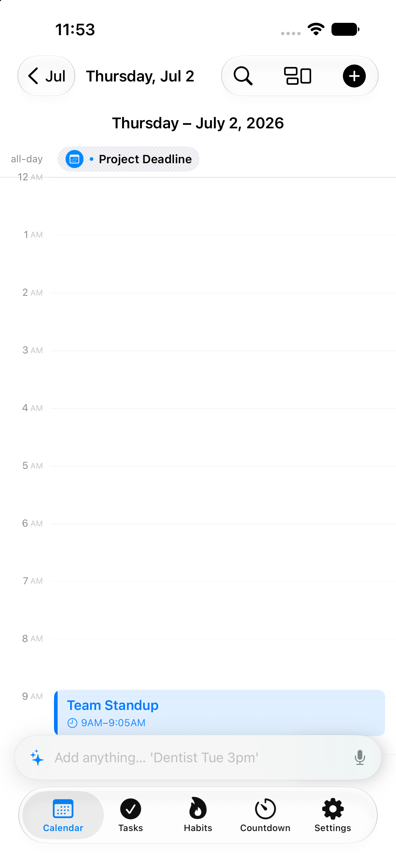 Day view with the natural-language add bar