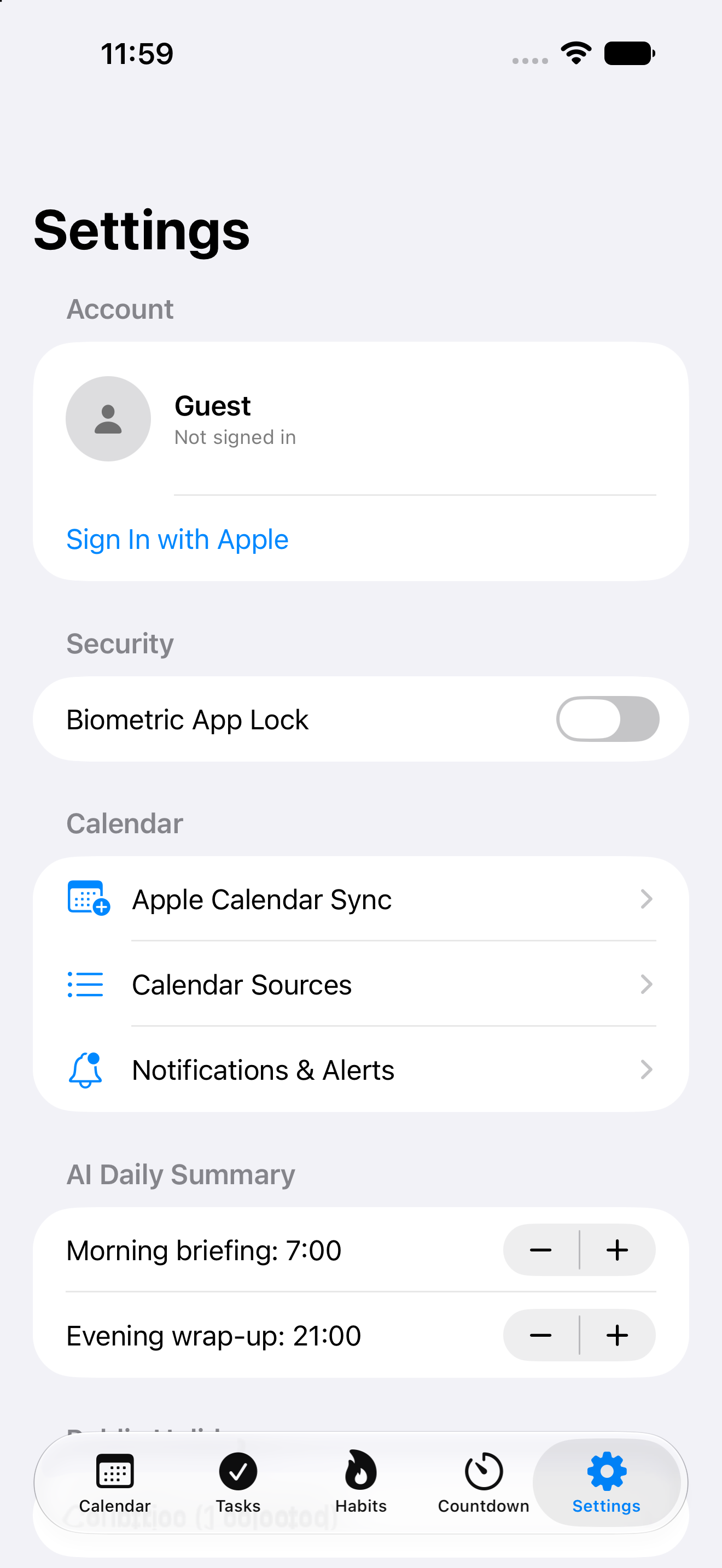 Settings and AI daily summary