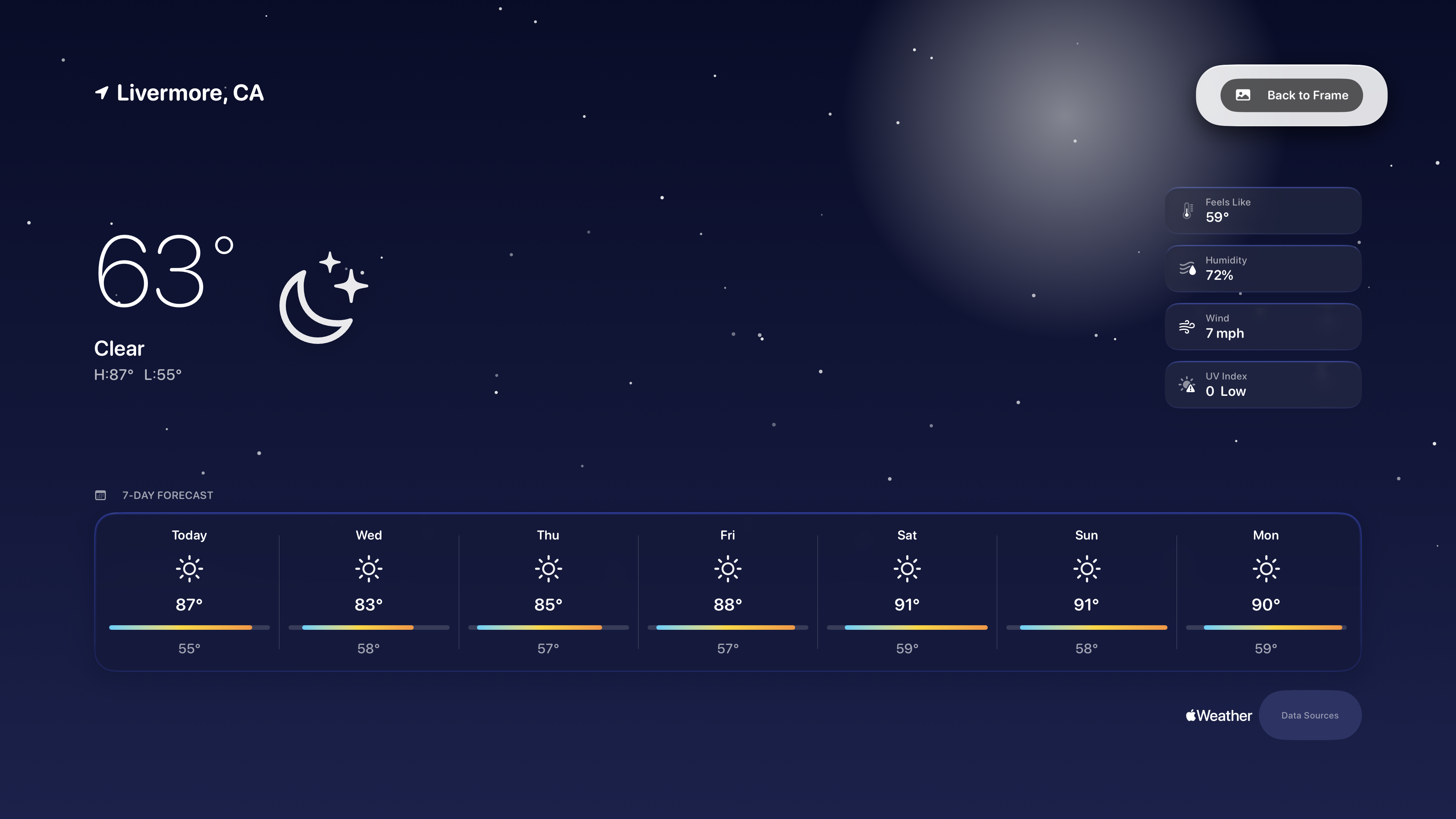 Apple TV animated night-sky weather screen with 7-day forecast