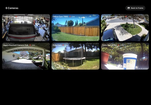 Grid of six live HomeKit security cameras