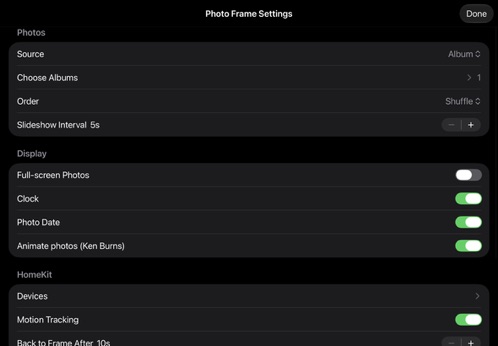 Photo Frame settings screen